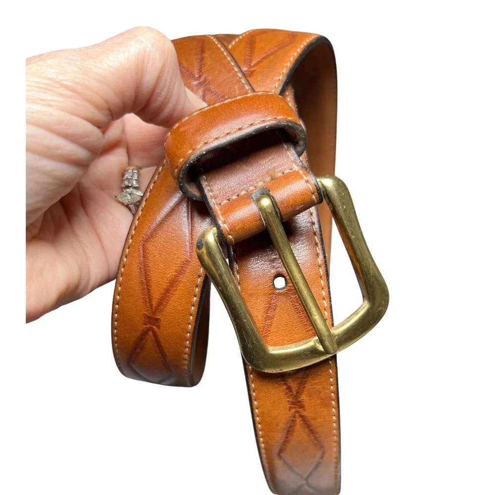 Vintage Western Equestrian Embossed Leather Belt Solid Brass L'Aiglon Tan 40-42